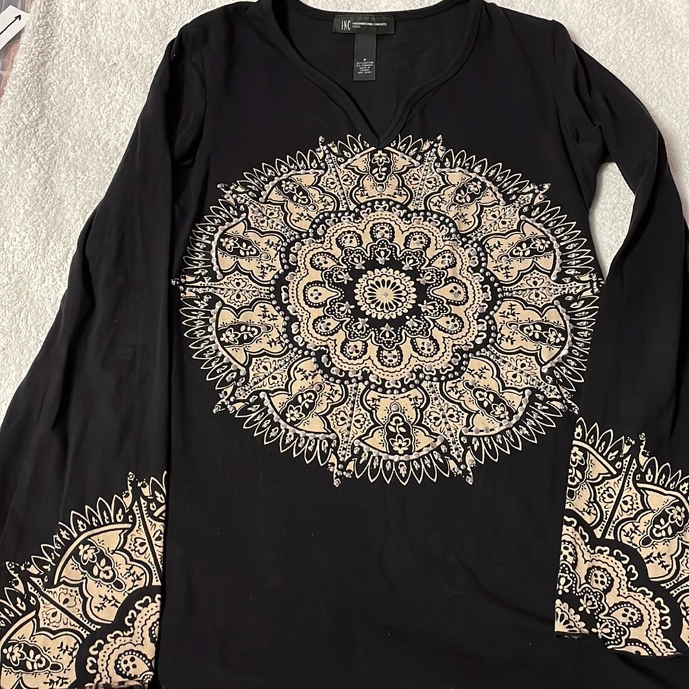 INC Petite size P. Black embellished top with bell sleeves.
